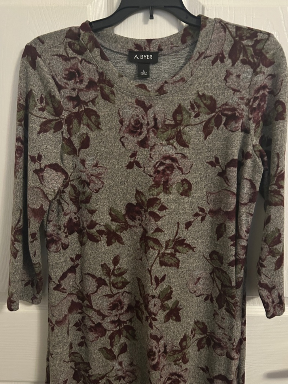 A. Byer Gray Knit Long-Sleeve Top with Burgundy & Olive Floral Print